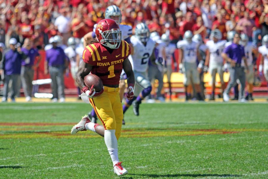 ISU wide receiver Jarvis West runs with the ball after receiving the ball from Kansas State. West ran the ball to the end zone, scoring a touchdown for Iowa State during the Sept. 6 matchup at Jack Trice Stadium. The Cyclones fell to the Wildcats with a final score of 32-28.