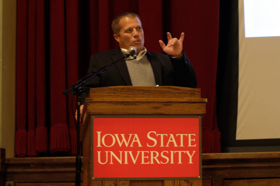 Tim Day, ISU faculty athletics representative, talks to Faculty Senate during Sept. 9s meeting in the Great Hall of the Memorial Union. Day gave the Faculty Athletic Representative Report and talked about the impact of the OBannon v. NCAA ruling on the ISU athletic department and student-athletes academic success during the past year.
