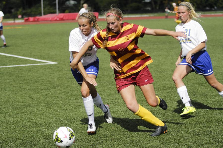 Sophomore forward Koree Willer runs the ball down the field during Iowa States 2-1 loss to South Dakota State on Sept. 21 at the Cyclone Sports Complex. This game ended the soccer teams nonconference schedule.
