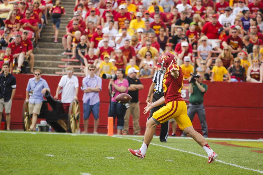Freshman punter Colin Downing punts the ball during the game against North Dakota State on Aug. 30 at Jack Trice Stadium. The Cyclones fell to the Bison 14-34. Downing punted for 274 yards during the game.