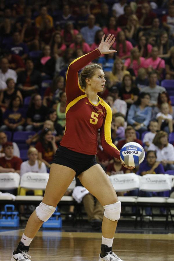 Redshirt freshman middle blocker Natalie Vondrak prepares to serve the ball during the game against Northern Iowa on Wednesday, Sept. 4, in Cedar Falls. Vondrak had 5 spikes, 8 kills and 5 digs to contribute to the Cyclones 3-2 victory against the Panthers. The Cyclones now have a winning streak of 4-0.