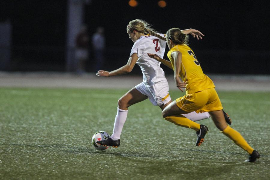 Sophomore forward Koree Willer runs toward the goal during the Cy-Hawk Series game against Iowa on Sept. 5. The Cyclones defeated the Hawkeyes 2-1.