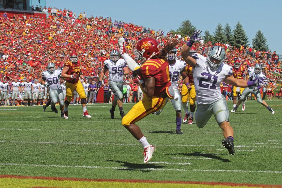 ISU wide receiver Jarvis West rolls into the end zone during the Sept. 6 matchup with Kansas State at Jack Trice Stadium. The Cyclones fell to the Wildcats with a final score of 32-28.