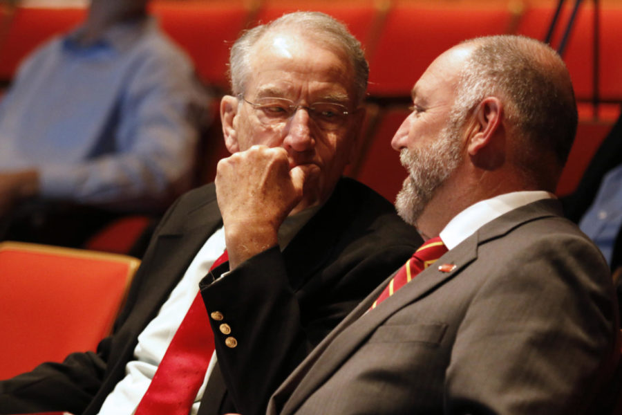 ISU President Steven Leath interacts with Sen. Chuck Grassley at the National Cyber Security Alliance event Sept. 4. Grassley spoke in the Scheman Building, addressing the issue of cybersecurity and the responsibility of protecting one's sensitive information.