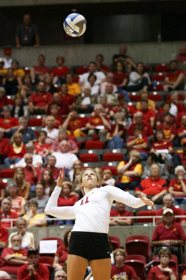Sophomore outside hitter Ciara Capezio prepares to spike the ball toward the waiting Huskies during a set against Northern Illinois in the Iowa State Challenge on Sept. 6. The Cyclones defeated the Huskies in three straight sets.