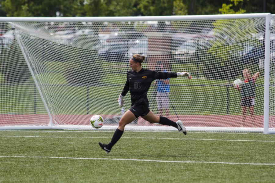 Senior goalkeeper Andrea Swanson kicks the ball back down the field during the game against Saint Louis on Aug. 31 at the Cyclone Sports Complex. The Cyclones defeated the Billikens 2-1. Swanson had two saves during the game.