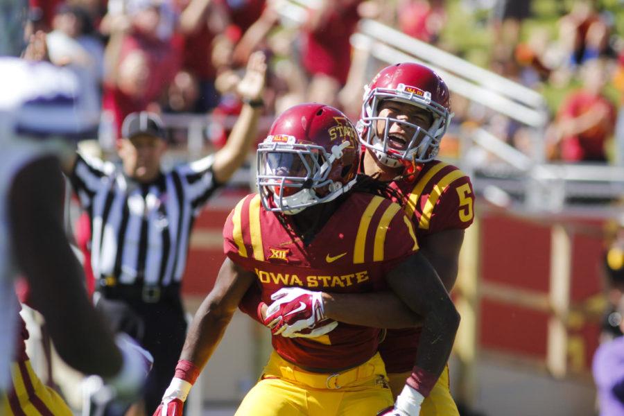 Freshman Allen Lazard embraces redshirt senior Jarvis West after West scored a touchdown during the game against Kansas State on Sept. 6 at Jack Trice Stadium. The Cyclones led for much of the game but couldnt maintain their lead in the second half, and the Wildcats won 32-28. Jarvis scored two touchdowns for the Cyclones.