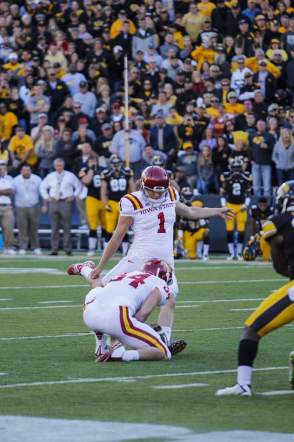 Redshirt sophomore Cole Netten kicks the game-winning field goal during the Iowa Corn Cy-Hawk Series game against Iowa on Sept. 13 at Kinnick Stadium in Iowa City. The Cyclones defeated the Hawkeyes 20-17.