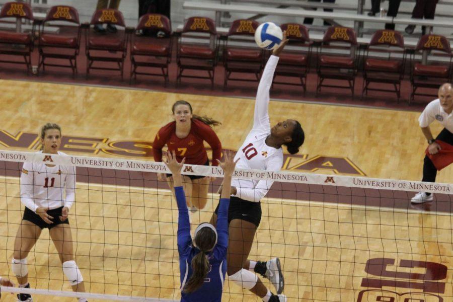 Senior outside hitter Victoria Hurtt shows her extension by reaching and spiking the ball in the 25-19, 29-31, 25-12, 25-12 win against Tulsa. Hurtt had 10 kills on Sep. 13. 