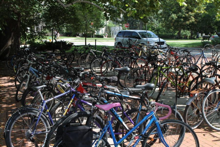 Bike racks filled up on the first day of school near the library and the Hub. 