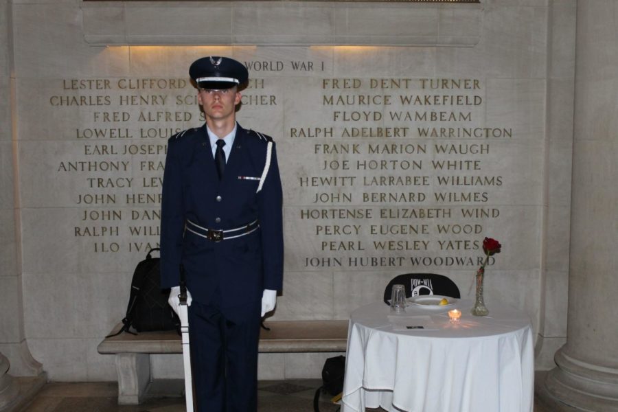 An ISU Air Force ROTC cadet stands as an honor guard on Sept. 19 in the Gold Star Hall of the Memorial Union. The cadet is standing to honor prisoners of war and those missing in action. 