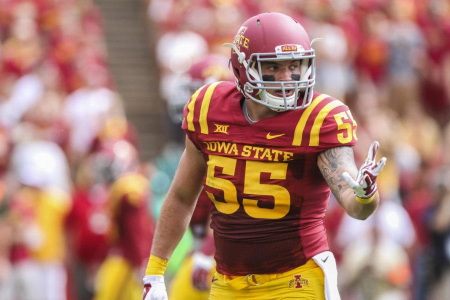 Senior+linebacker+Jevohn+Miller+talks+to+other+ISU+players+during+the+North+Dakota+State+game+Aug.+30+at+Jack+Trice+Stadium.+The+Cyclones+fell+to+the+Bison+14-34.