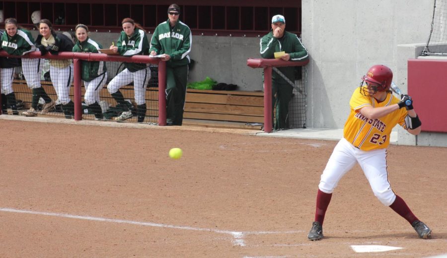 Aly Cappaert hits the ball at the game on Sunday, May 4 against Baylor.