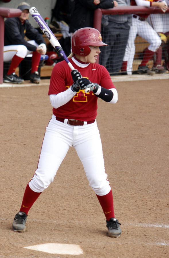 Freshman Gabby Voulgaris, infielder, steps up to bat against the Kirkwood Eagles. Iowa State won both games against Kirkwood on Oct. 18 at the Cyclone Sports Complex. 