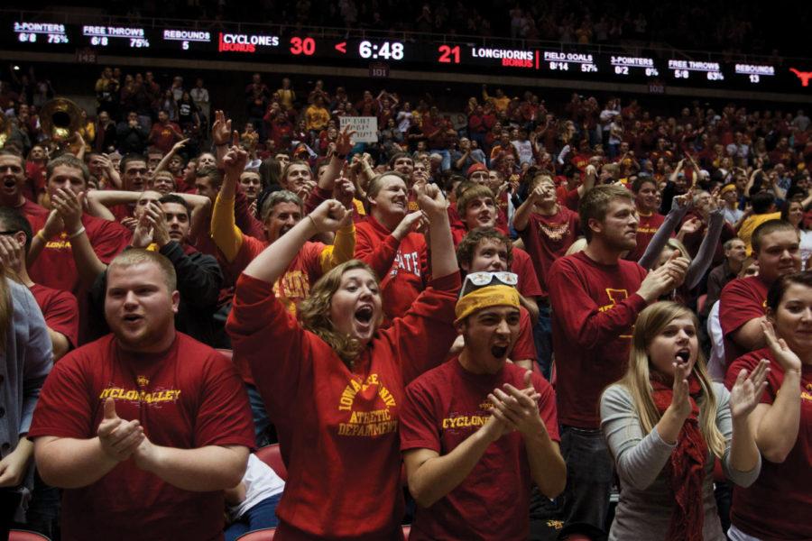 Fans at Hilton Coliseum respond to a Royce White dunk against Texas on Wednesday, Jan. 4. An announced 12,248 were in attendance to see Iowa State beat the Longhorns 77-71.

