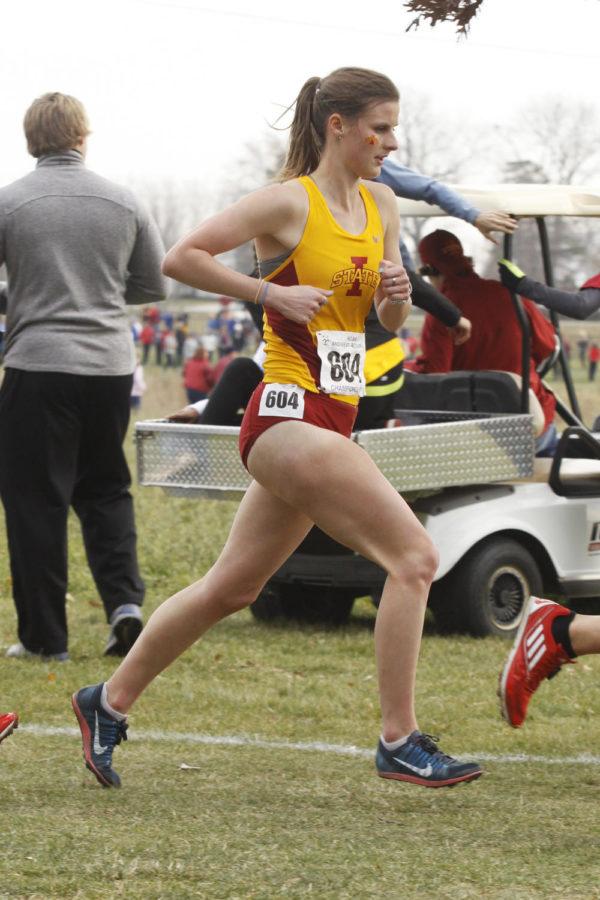 Senior Katy Moen presses on toward the finish line on Friday, Nov. 15, during the NCAA Midwest Regional at the ISU Cross-Country Course.