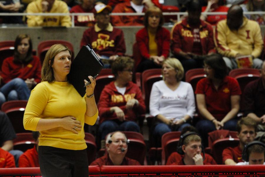 Head coach Christy Johnson-Lynch looks on as Iowa State loses a set in their game against Oklahoma on Oct. 12 at Hilton Coliseum.