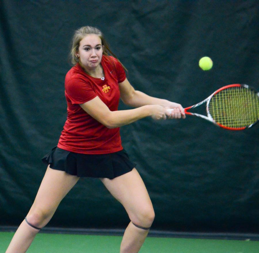 Freshman Samantha Budai attacks the ball during Iowa States 5-2 losses to Drake on March 7 at Ames Racquet and Fitness Center.