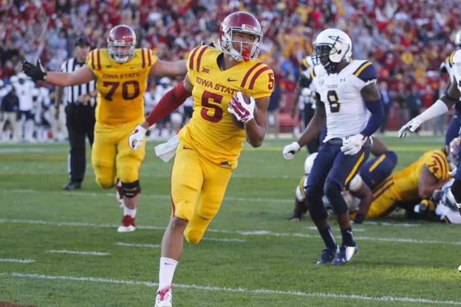 Freshman+wide+receiver+Allen+Lazard+runs+into+the+end+zone+for+a+touchdown+during+the+Homecoming+game+against+Toledo+on+Oct.+11+at+Jack+Trice+Stadium.+The+Cyclones+defeated+the+Rockets+37-30.