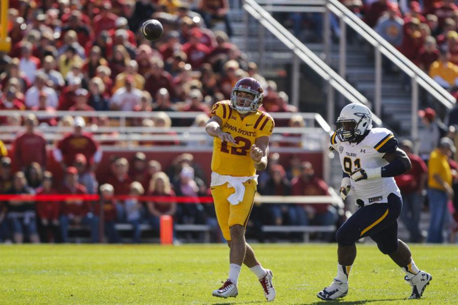 Redshirt junior quarterback Sam Richardson passes the ball during the Homecoming game against Toledo on Oct. 11 at Jack Trice Stadium. The Cyclones defeated the Rockets 37-30.