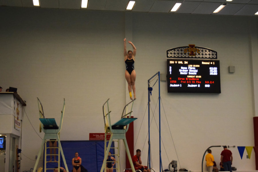 Elyse Brouillette dives in the three-meter competition Oct. 18 against Nebraska.