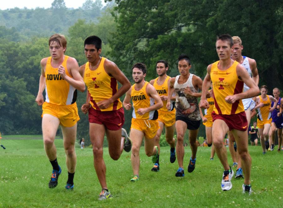 Redshirt junior Brian Llamas, left, and senior Martin Coolidge run in the mens competition at the Bulldog 4K Classic in Des Moines on Aug. 29.