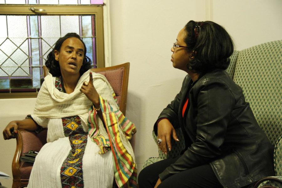 Birtukan Dagnachew speaks with her interpreter Tigist Gizaw at the United Church of Christ on Oct. 12. Dagnachew was brought in by Oxfam and will speak at the World Food Prize in Des Moines. 
