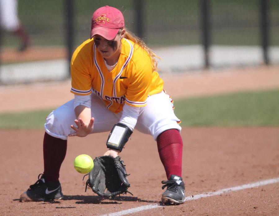 Junior infielder Maddie Reese fields a fair ball from third base in a match against South Dakota on April 22.