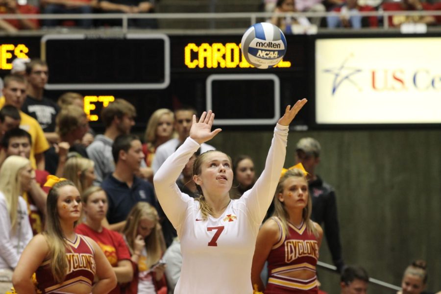 Libero Caitlin Nolan focuses on her serve to try and continue the late rally at the end of the second set against Stanford. Nolan had 19 digs for Iowa State on Aug. 29.