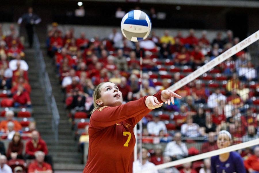 Junior libero Caitlin Nolan saves a wild ball and continues the point for Iowa State. Iowa State defeated Kansas State in three close sets and showcased a new offensive strategy that yielded fantastic results according to coach Christy Johnson-Lynch. 