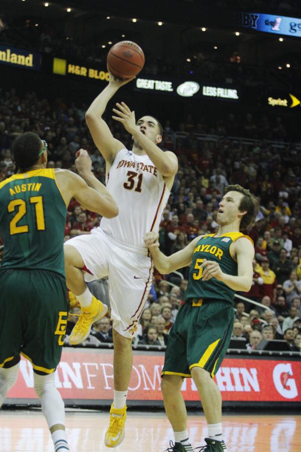 Sophomore forward Georges Niang goes up for a shot against Baylor in the final round of the 2014 Phillips 66 Big 12 Championship in Kansas City, Mo. The Cyclones defeated Baylor 74-65 in their first appearance in the final round since 2000. Niang had 13 points for Iowa State.