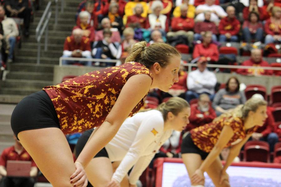 Morgan Kuhrt prepares for the play during a match against TCU. The ISU volleyball team beat TCU on Nov. 15. Five sets were played, with the Cyclones winning three and TCU winning two.