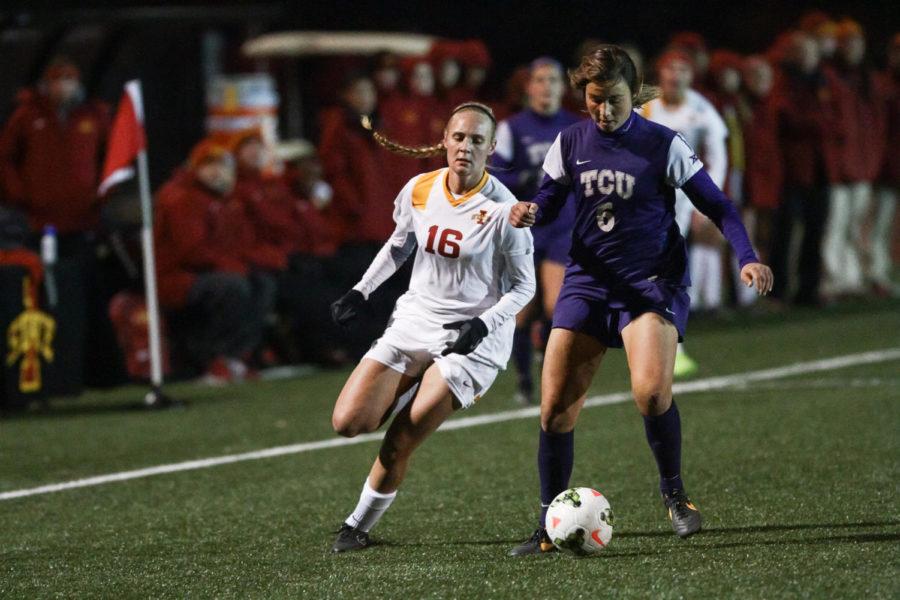 Freshman+forward+Kaley+Nieters+pushes+a+TCU+defender+off+of+the+ball+as+she+makes+a+run+at+the+goal.+Iowa+State+beat+TCU+1-0+on+Oct.+31+after+scoring+in+the+final+minutes+of+the+game.