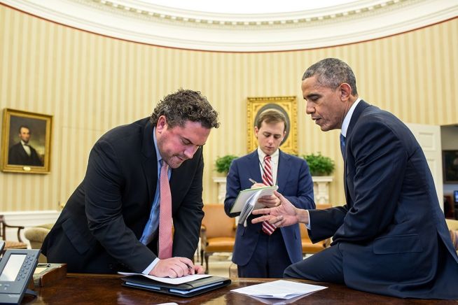 President Barack Obama works on his immigration speech with Director of Speechwriting Cody Keenan and Senior Presidential Speechwriter David Litt on Nov. 19. in the Oval Office.
