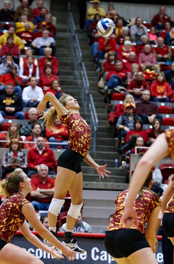 Sophomore outside hitter Ciara Capezio stretches for a high ball before crushing it into TCUs end of the court. Iowa State was victorious in the fifth set to win the match on Nov. 15. 