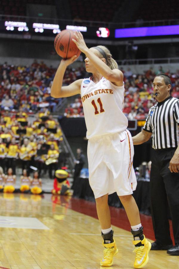Freshman guard Jadda Buckley shoots a 3-pointer against Florida State on March 22. Iowa State fell to Florida State 55-44 in the first round of the NCAA Tournament in Ames. Buckley scored 10 points for the Cyclones.