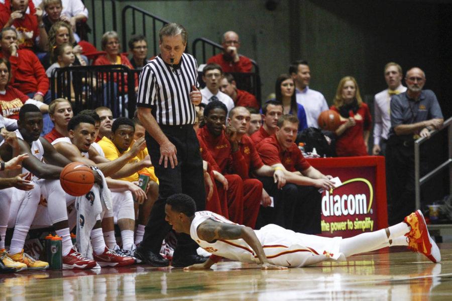 Sophomore guard Monte Morris jumps after an out of bounds ball against Viterbo on Nov. 7 at Hilton Colseum. The Cyclones defeated the V-Hawks in exhibition play 115-48.