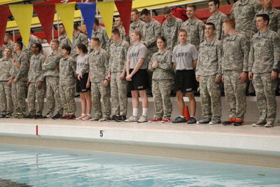 Iowa State's Army ROTC Cadets were tested in several water survival situations on Nov. 19 at Beyer Hall. Cadets were challenged to tread water in full gear, carry equipment over a distance in water and be lunged from a platform into deep water.