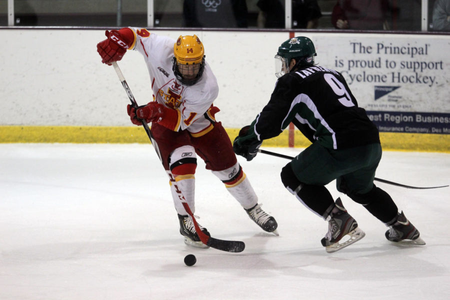 Junior forward Jake Bruhn pushes past Ohio Universitys line of defense during their matchup on Nov. 1. ISU suffered a 4-2 loss to the Bobcats.