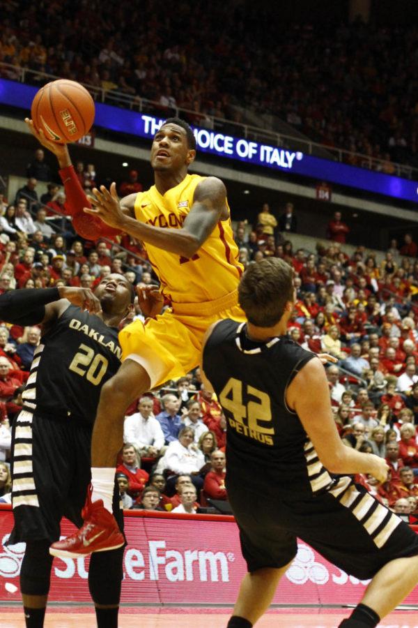 Sophomore guard Monte Morris goes up for a shot against Oakland on Nov. 14 at Hilton Coliseum. The Cyclones beat the Golden Grizzles 93-82. Morris had 14 points and had his 14th game in double-digit scoring.