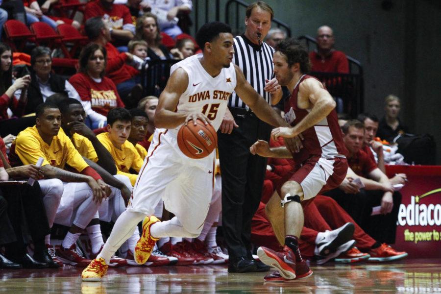 Junior guard Naz Long runs the ball against Viterbo on Nov. 7 at Hilton Coliseum. The Cyclones defeated the V-Hawks in exhibition play 115-48. Long had 17 points in 16 minutes of play.