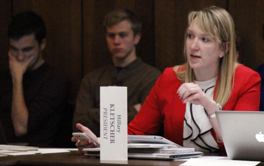 Hillary Kletscher, GSB president and graduate student in business administration, voices her opinions about the possible tuition increases at ISU during a meeting of the Government of the Student Body on Nov. 17 in the Campanile Room of the Memorial Union.