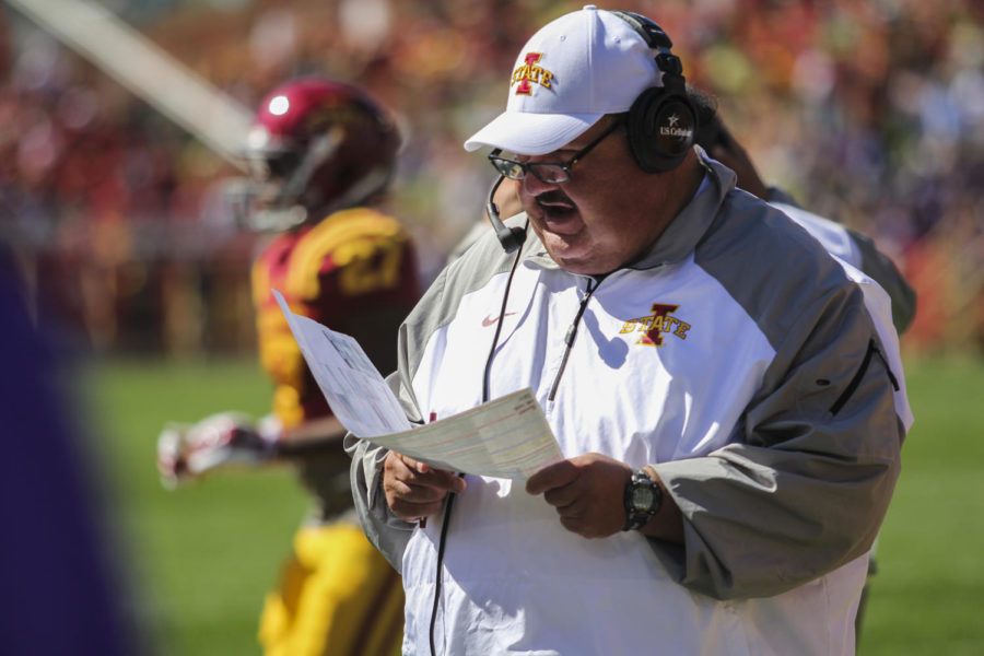 Offensive coordinator Mark Mangino coaches from the sidelines during the game against Kansas State on Sept. 6 at Jack Trice Stadium. The Cyclones led for much of the game but couldnt maintain their lead in the second half, and the Wildcats won 32-28.