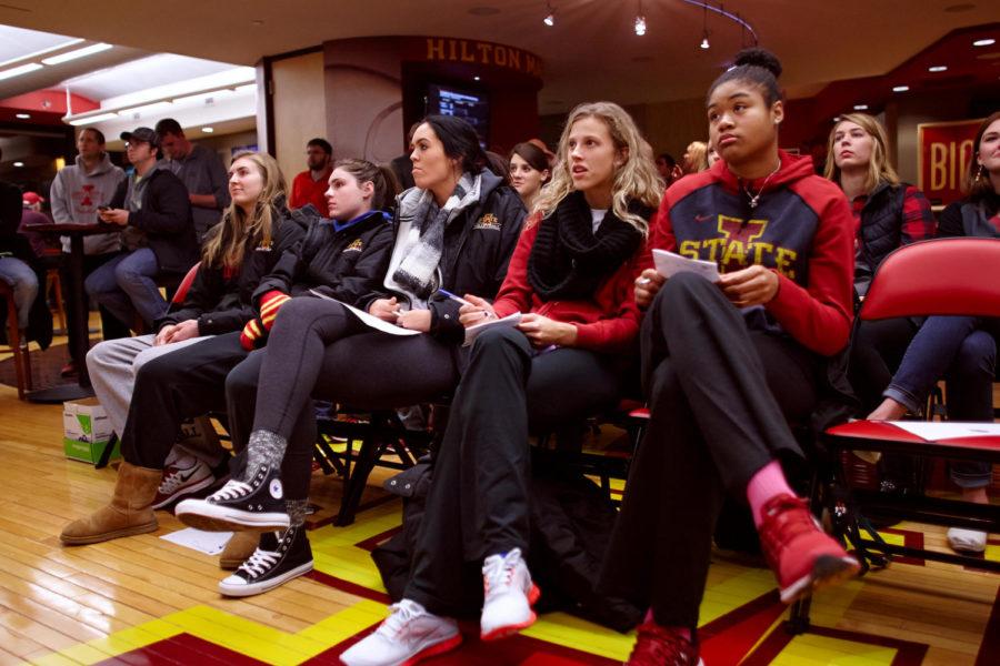 The+ISU+womens+volleyball+team+is+unfazed+by+its+placement+in+the+2014+NCAA+bracket+at+the+selection+show+party+Nov.+30.+The+Cyclones+will+play+the+Western+Kentucky+Hilltoppers+in+the+first+round+of+the+tournament+Dec.+4+in+Champaign%2C+Ill.%C2%A0