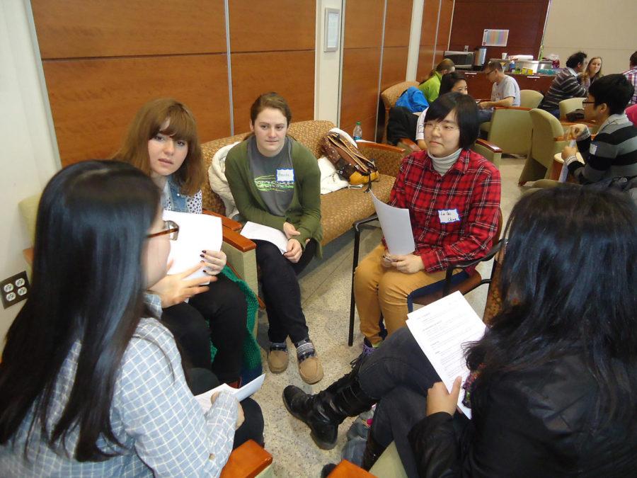 International students enjoy English conversation and learn more about American culture and the language with small group discussions over coffee or tea. American ISU students and community members volunteered to make the international transition to Ames easier.