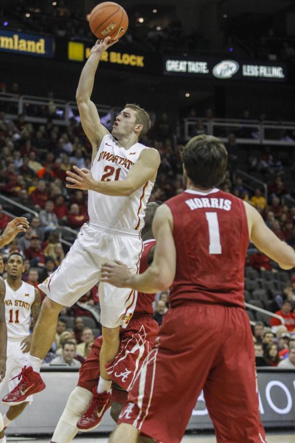 Sophomore guard Matt Thomas attempts a basket during the CBE Hall of Fame semifinal against Alabama at the Sprint Center in Kansas City, Mo., on Nov. 24. The Cyclones defeated the Crimson Tide 84-74. Thomas had 13 points, two assists and eight rebounds for Iowa State.