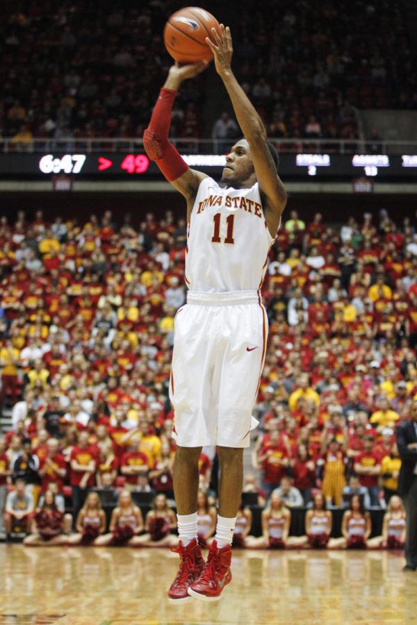 Sophomore guard Monte Morris attempts a 3-pointer during the game against Georgia State on Nov. 17 in Hilton Coliseum. The Cyclones defeated the Panthers 81-58. Morris was 2-for-3 from the 3-point line and led the Cyclones with 19 points for the night.