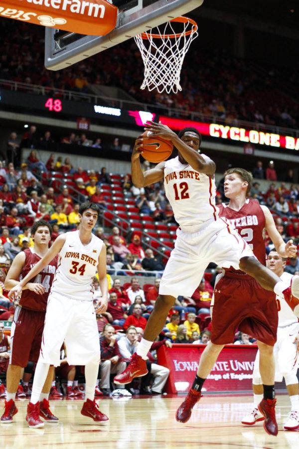 Junior guard Kourtlin Jackson goes up for a defensive rebound against Viterbo on Nov. 7 at Hilton Coliseum. The Cyclones beat the V-Hawks in exhbition play 115-48. Jackson had six rebounds.