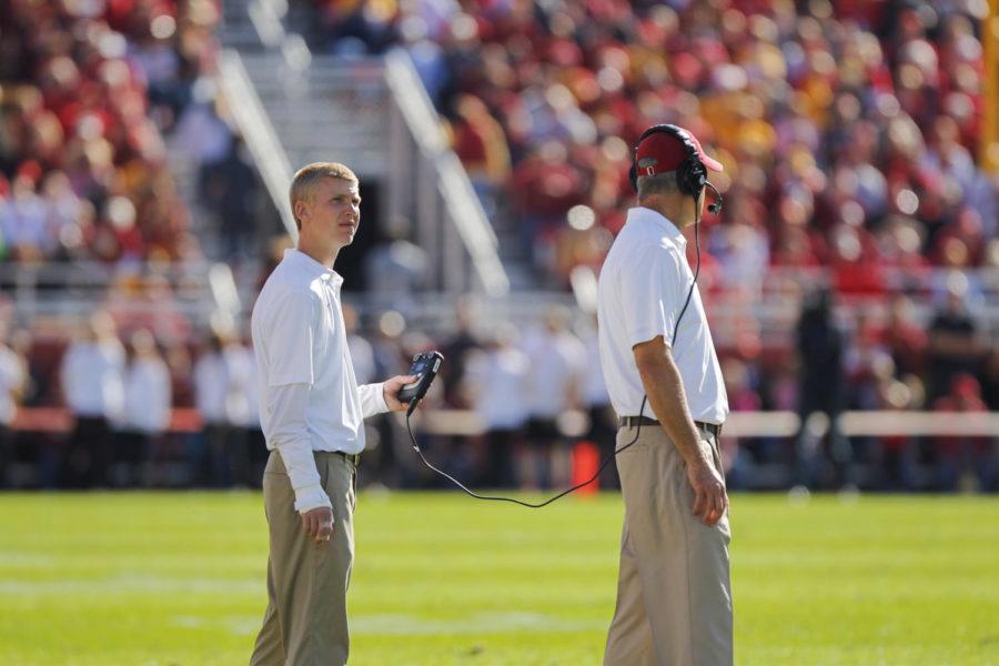 Kyle Broich, junior in marketing, is the equipment manager tasked with the duty of following coach Paul Rhoads around with his headset during football games this season.