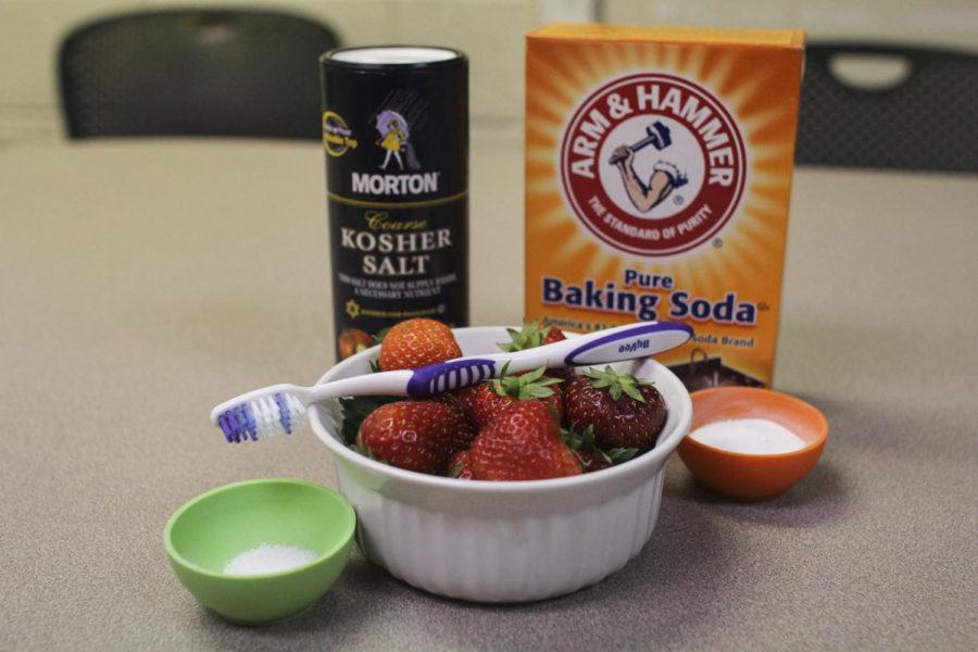 Mash up about three or four large strawberries into a pulp. Add a dash of kosher salt or sea salt and 1/2 teaspoon of baking soda into a paste to brush teeth with for five minutes before rinsing. 